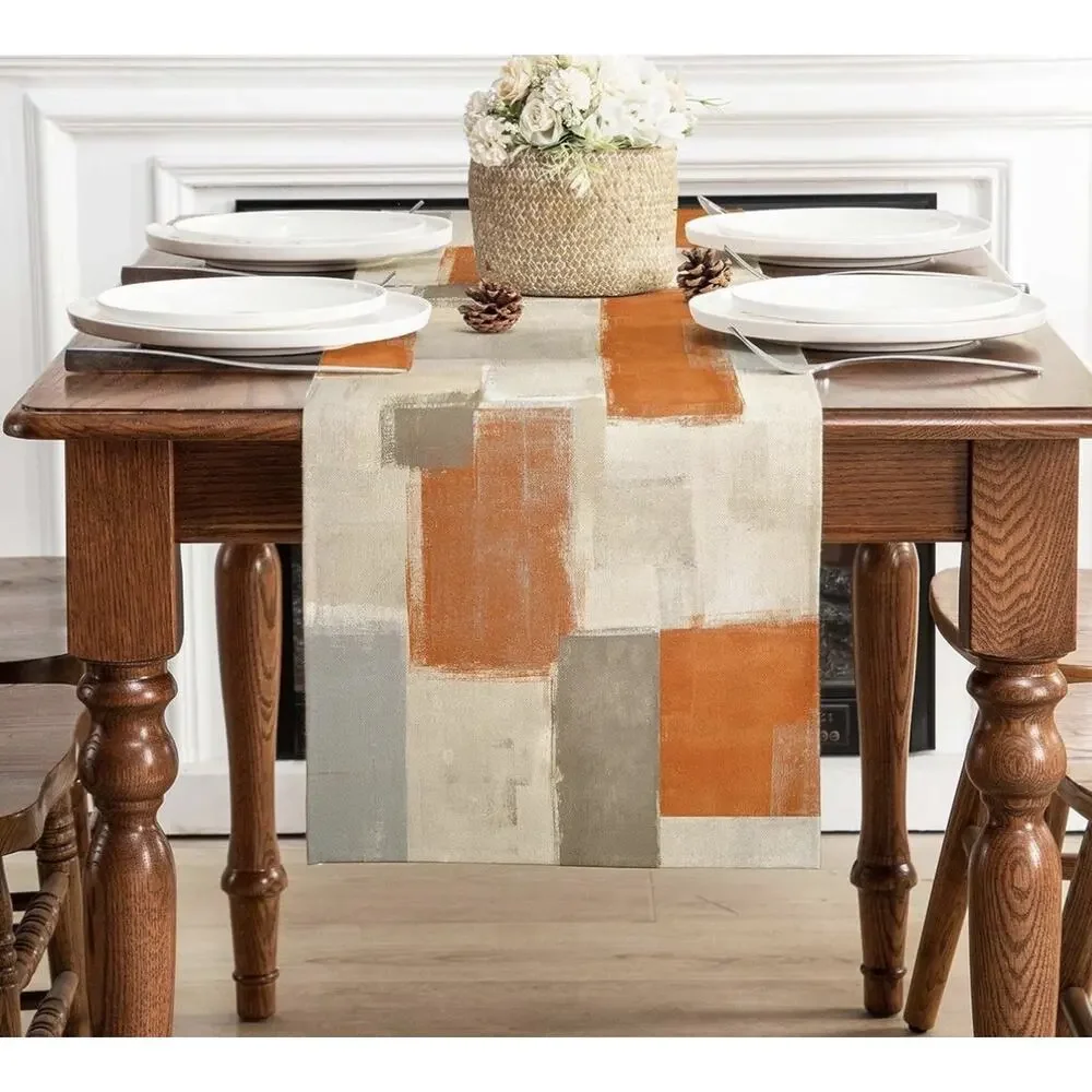 Table Runner Fall Thanksgiving Seasonal Watercolor Orange Grey 13X36 New